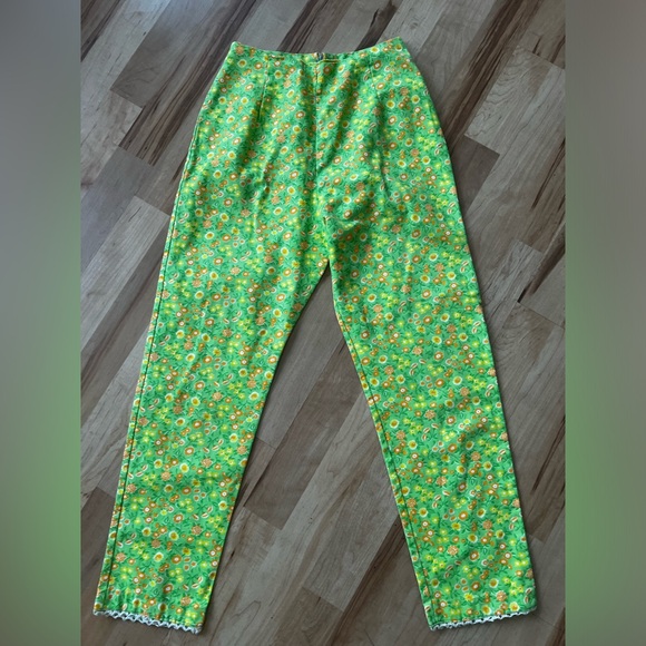 Vintage Pants - Vintage 60s Bright Green Hanndmade Floral Pants with Crochet Hem